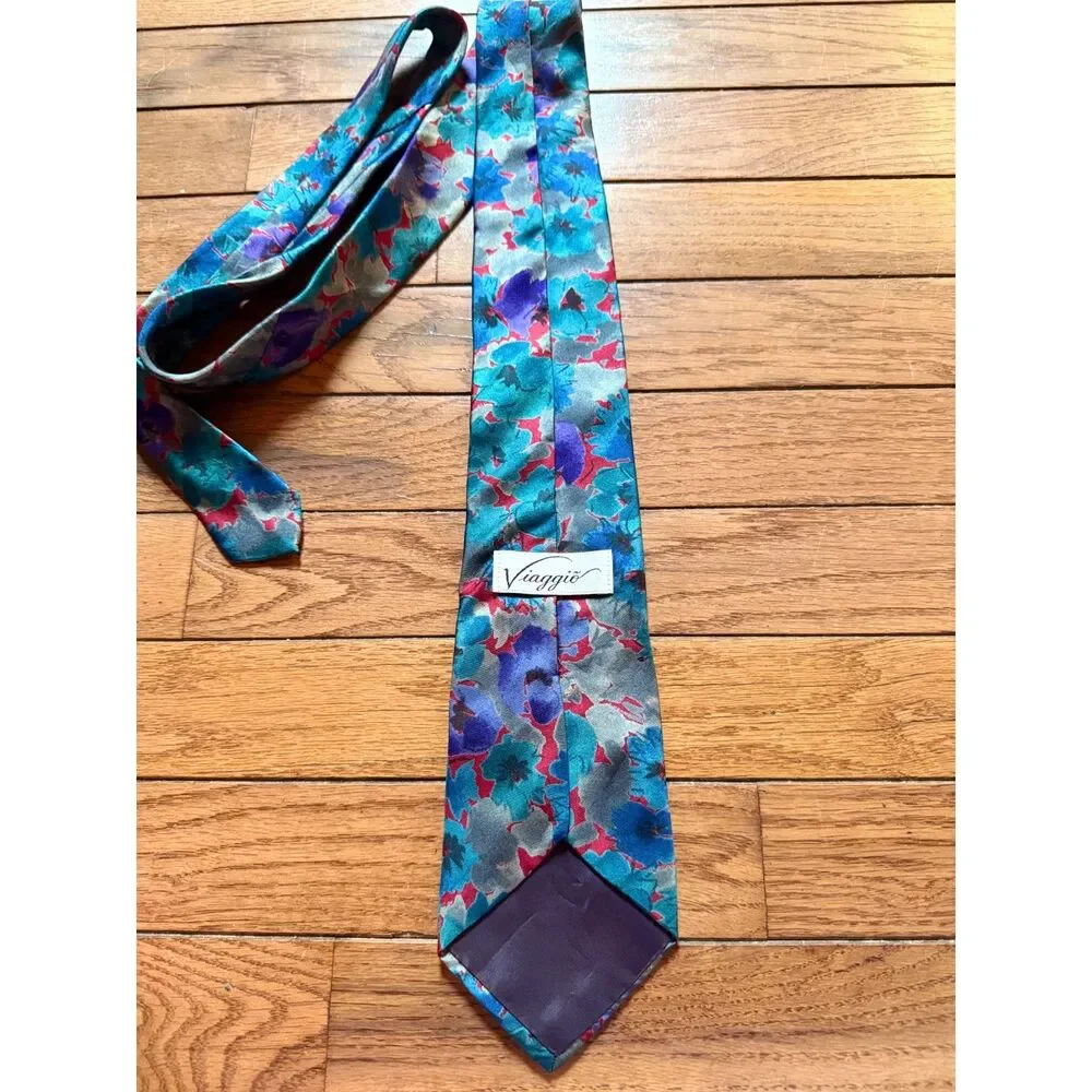 Vintage Viaggio Silk Tie Floral Watercolor Teal Purple Made in USA 100% Silk